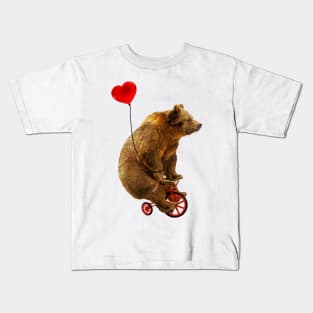 Grizzly Bear Riding a Red Tricycle with Heart Balloon Kids T-Shirt